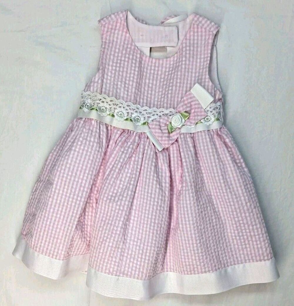 Rare Editions Girls 18mos Pink Gingham Seersucker Dress Flowers Summer Wedding